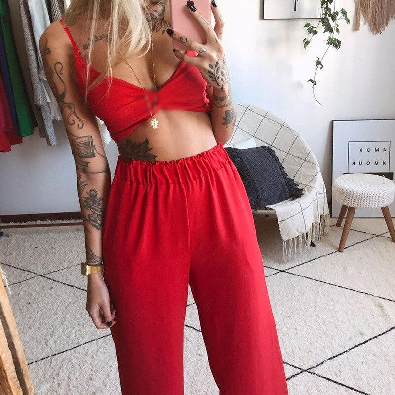 Butterfly Print Drawstring Twisted Tube Top Loose Wide Leg Beach Outfits