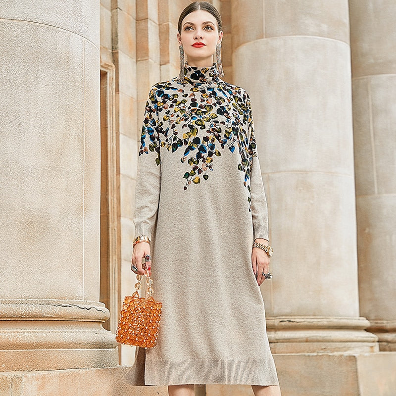 Autumn Chic Print Dress - Cozy Collar & Sleeves