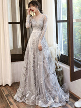 Silver Gray Lace Evening Dress - Long Sleeves