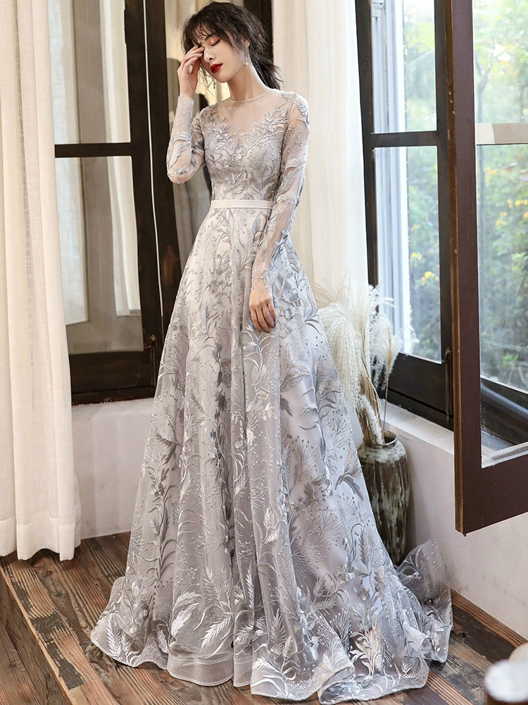 Silver Gray Lace Evening Dress - Long Sleeves