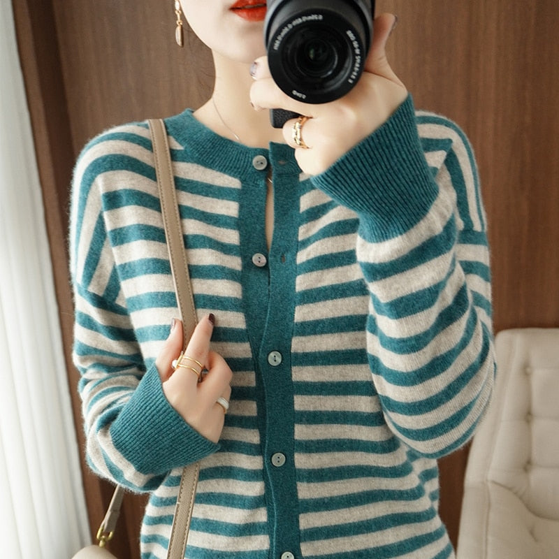 Cashmere Cardigan  100% Pure Wool Sweater  Striped Sweater
