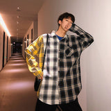 LAPPSTER Oversized Cotton Plaid Shirt  Man Hip Hop Patchwork  Long Sleeve Shirt