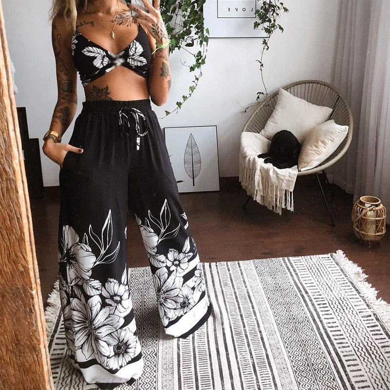 Butterfly Print Drawstring Twisted Tube Top Loose Wide Leg Beach Outfits