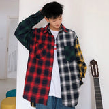 LAPPSTER Oversized Cotton Plaid Shirt  Man Hip Hop Patchwork  Long Sleeve Shirt