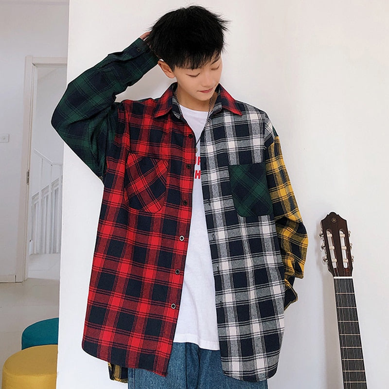 LAPPSTER Oversized Cotton Plaid Shirt  Man Hip Hop Patchwork  Long Sleeve Shirt