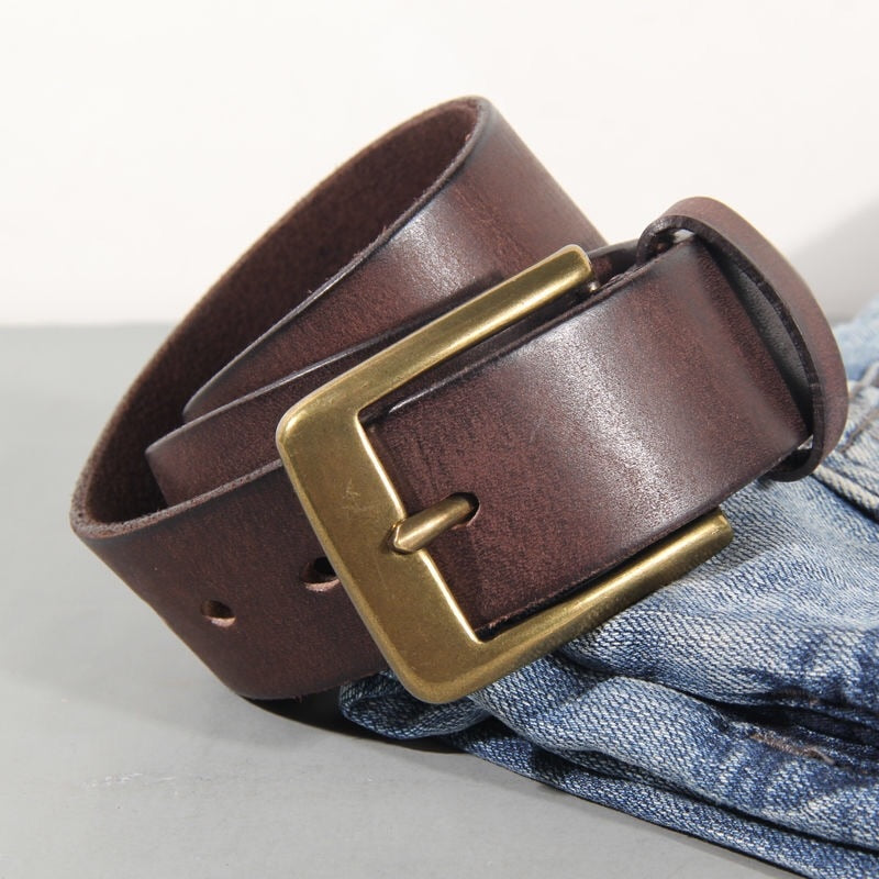High Quality Vintage Luxury Handmade Leather Belt Copper Buckle  Cinturon Gotico Cowhide