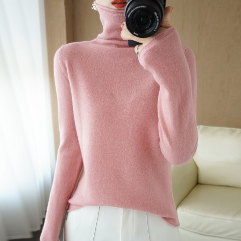 Pure Wool Sweater Woman High Neck Pullover Cashmere Sweater