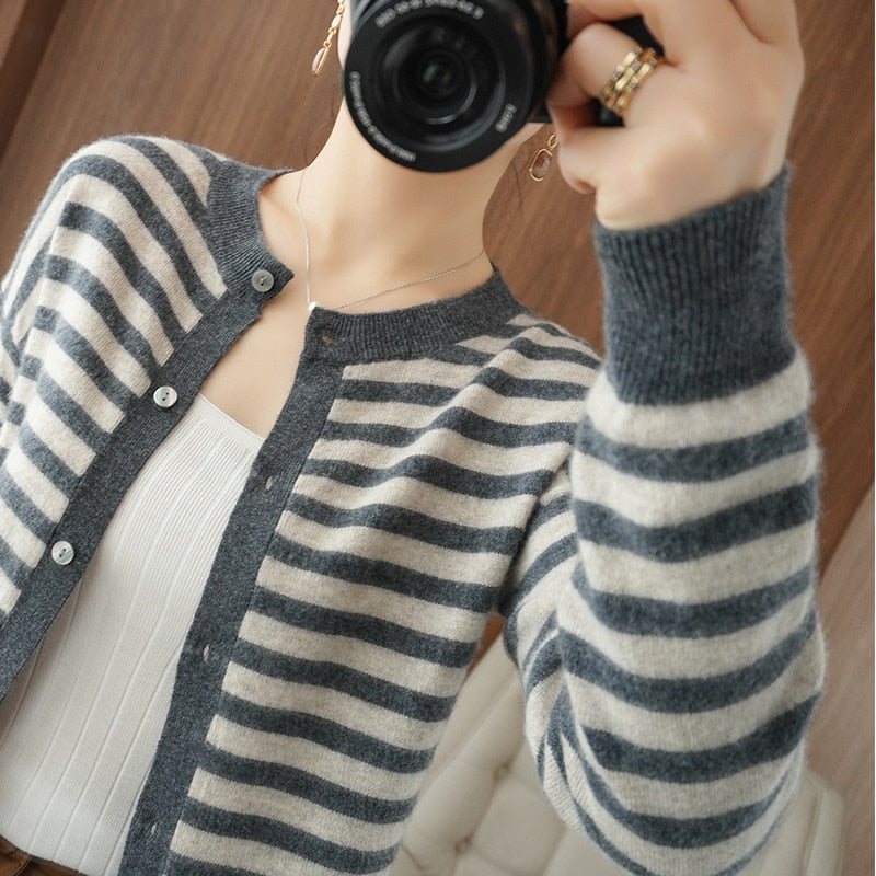 Cashmere Cardigan  100% Pure Wool Sweater  Striped Sweater