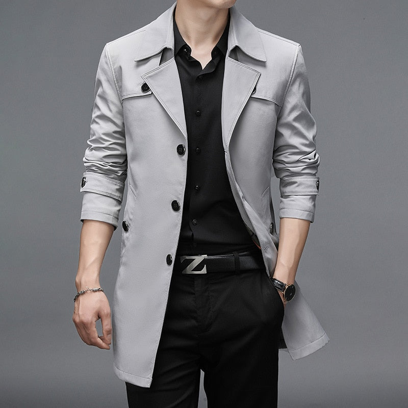 Long Trench Coats Superior Quality Buttons Male Fashion Outerwear