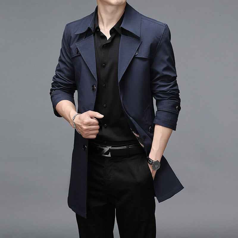 Long Trench Coats Superior Quality Buttons Male Fashion Outerwear