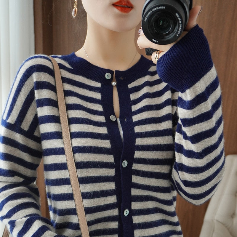 Cashmere Cardigan  100% Pure Wool Sweater  Striped Sweater