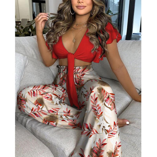 Tops Ruffled Knotted Short Solid Color Top Printed Wide Leg Beach Pants