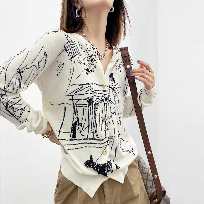 Women Graffiti style Cashmere Cardigan New Arrival O-Neck