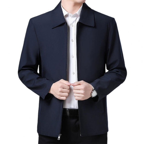 Men Coat Smooth Zipper Lapel Collar Solid Color Middle-aged Men Casual Jackets