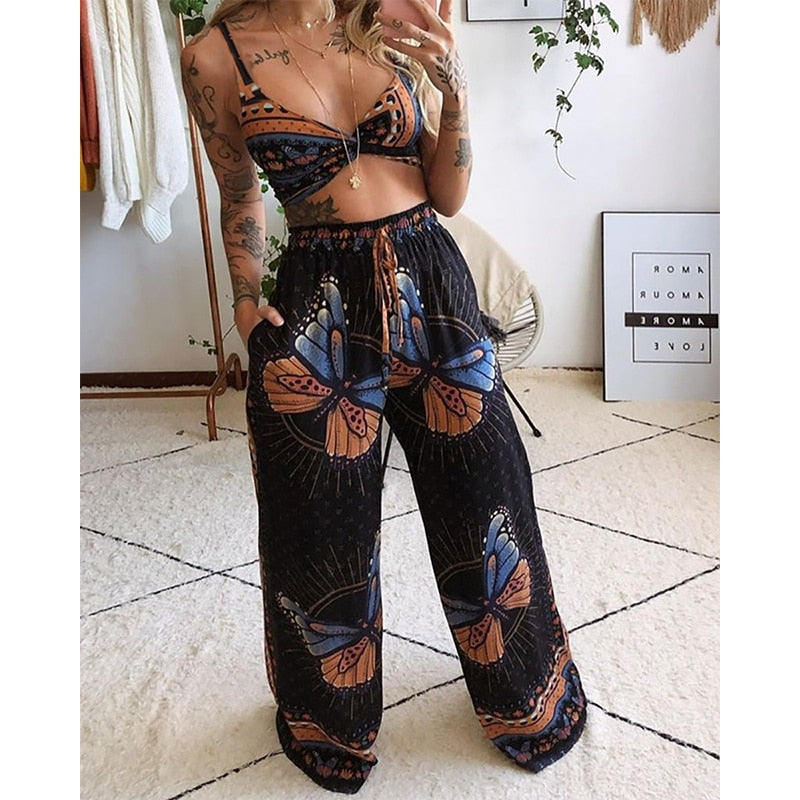Butterfly Print Drawstring Twisted Tube Top Loose Wide Leg Beach Outfits