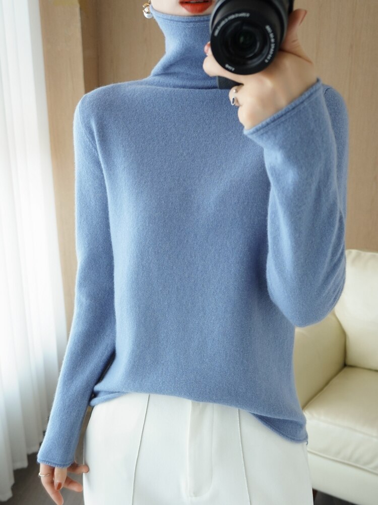 Pure Wool Sweater Woman High Neck Pullover Cashmere Sweater