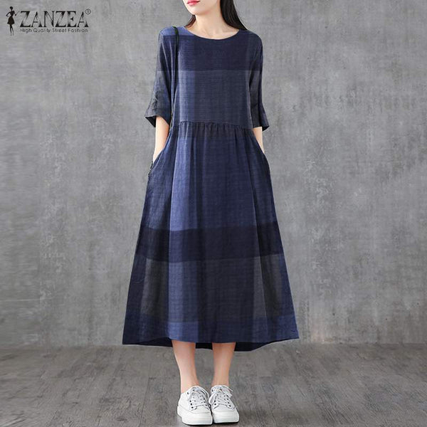 ZANZEA Vintage Plaid Midi Dress: Casual O-Neck Oversize