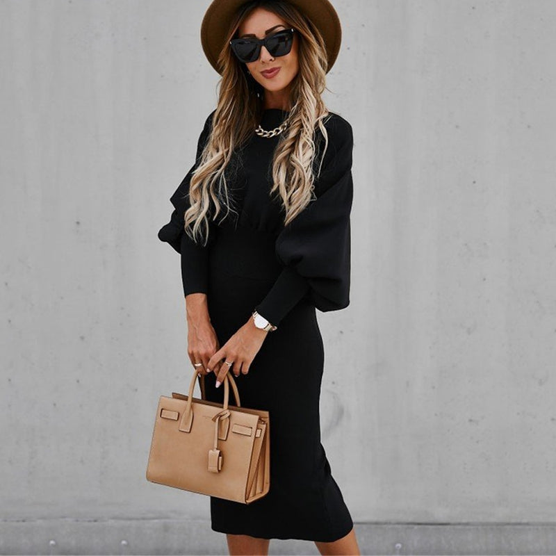 Women Fashion O-neck Lantern Long Sleeve Pencil Dress Autumn Winter
