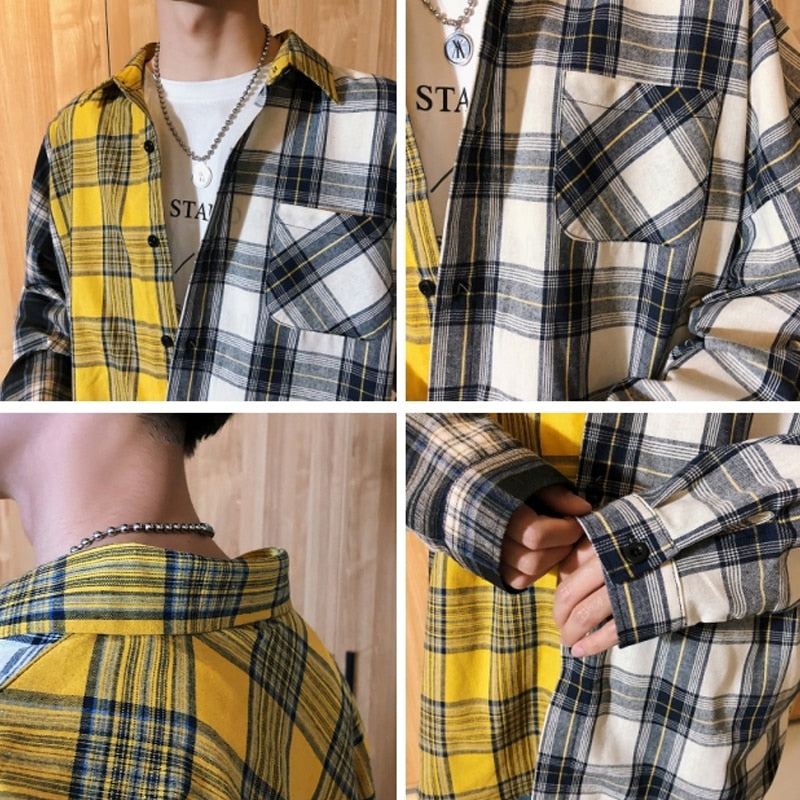 LAPPSTER Oversized Cotton Plaid Shirt  Man Hip Hop Patchwork  Long Sleeve Shirt