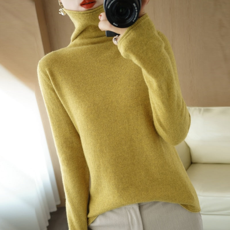 Pure Wool Sweater Woman High Neck Pullover Cashmere Sweater