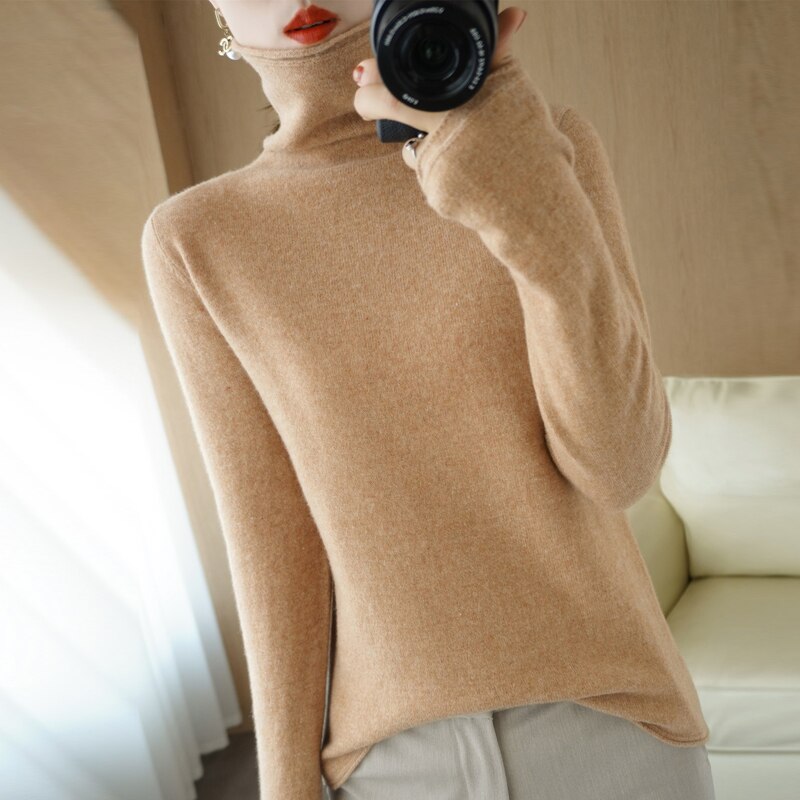 Pure Wool Sweater Woman High Neck Pullover Cashmere Sweater