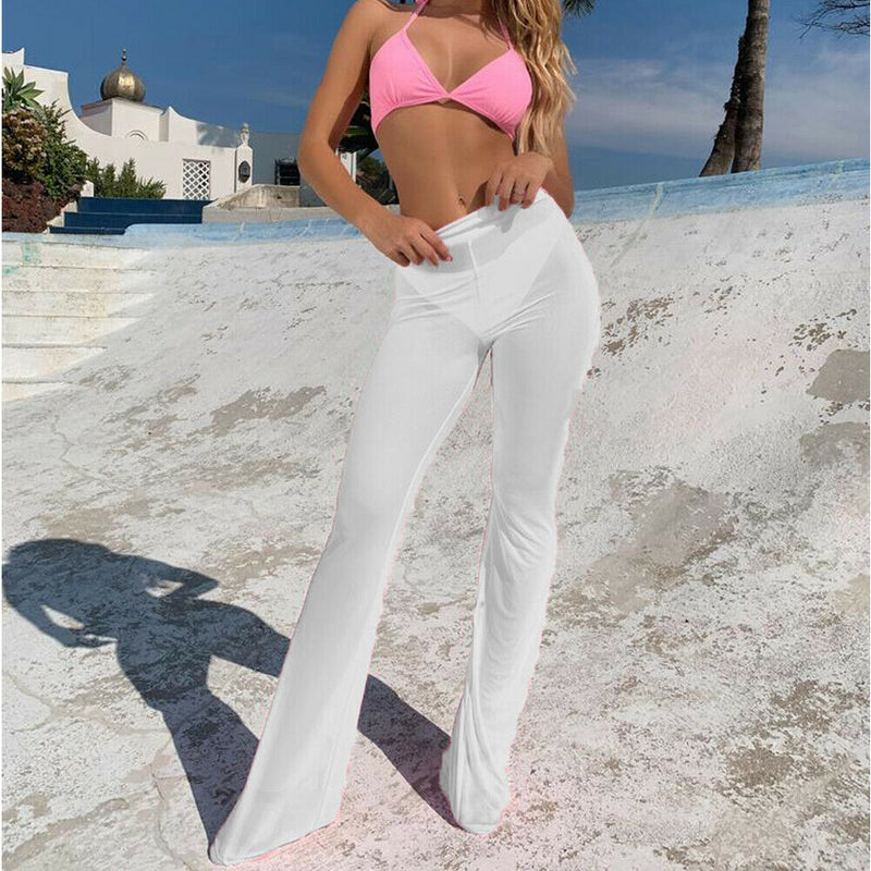 Sexy Women Beach High Waist Elastic Sheer Wide Leg Pants