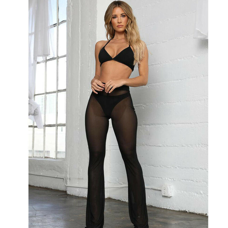 Sexy Women Beach High Waist Elastic Sheer Wide Leg Pants