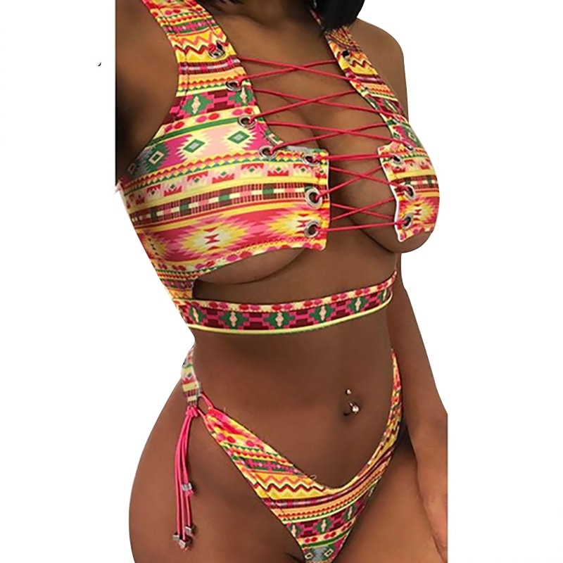 Lace Up Bandeau Push Up New African Print Thong