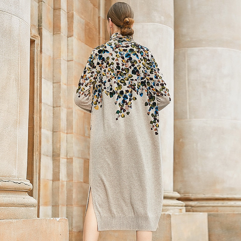 Autumn Chic Print Dress - Cozy Collar & Sleeves