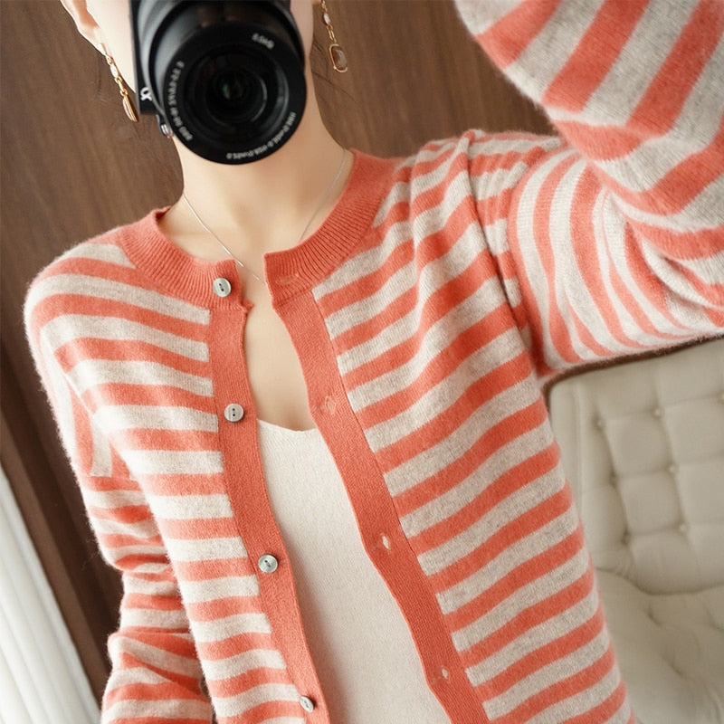 Cashmere Cardigan  100% Pure Wool Sweater  Striped Sweater