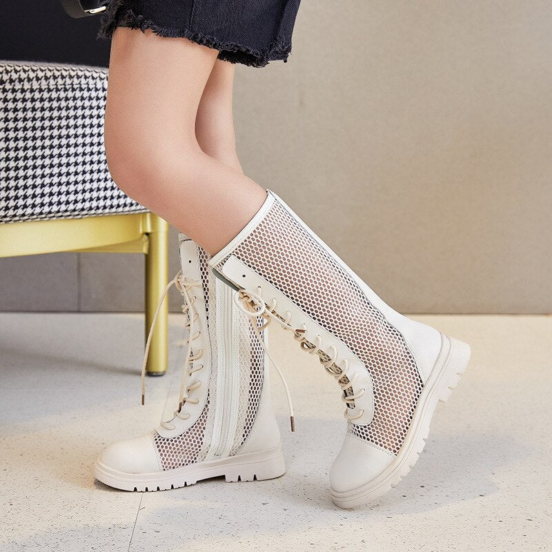 Summer Autumn Girls Knee-high Boots Roman Cross-tied Flat With Fashion