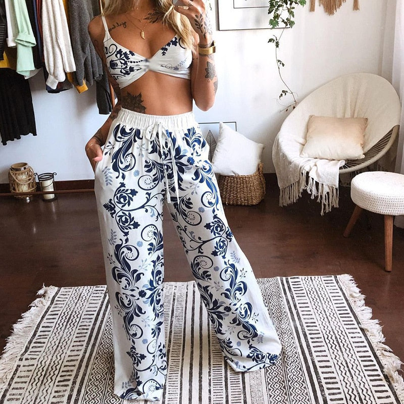 Butterfly Print Drawstring Twisted Tube Top Loose Wide Leg Beach Outfits