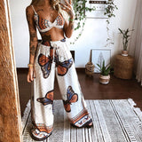 Butterfly Print Drawstring Twisted Tube Top Loose Wide Leg Beach Outfits