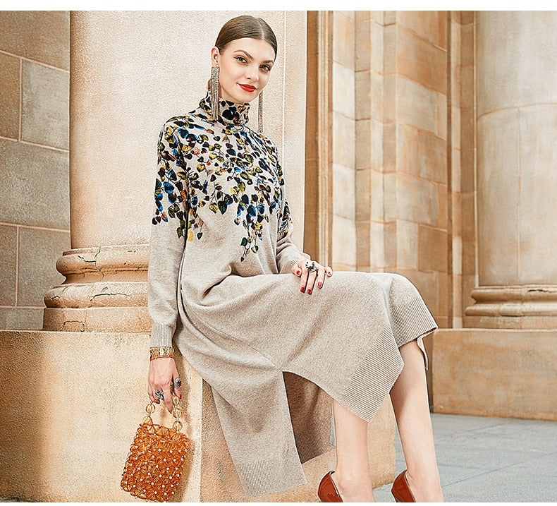 Autumn Chic Print Dress - Cozy Collar & Sleeves