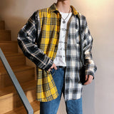 LAPPSTER Oversized Cotton Plaid Shirt  Man Hip Hop Patchwork  Long Sleeve Shirt