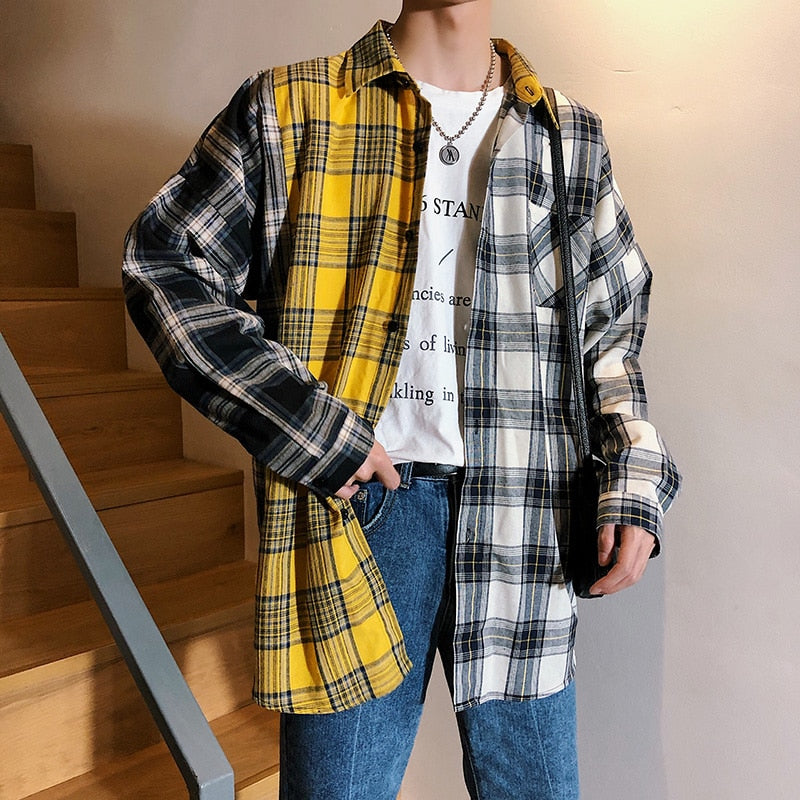 LAPPSTER Oversized Cotton Plaid Shirt  Man Hip Hop Patchwork  Long Sleeve Shirt