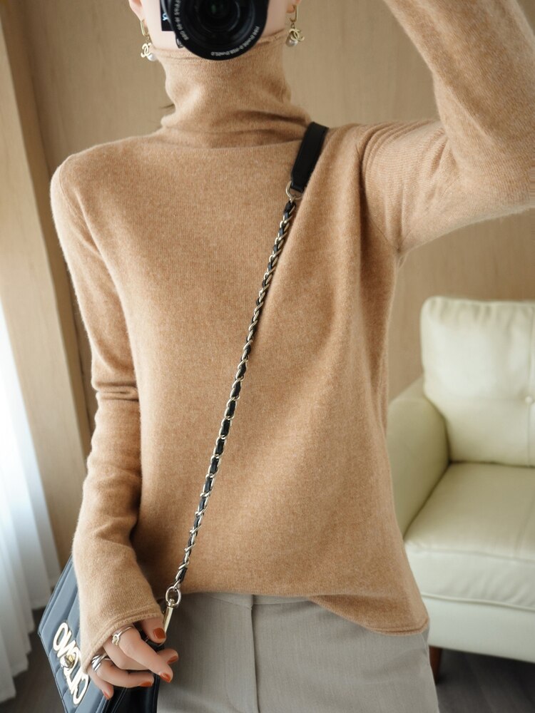 Pure Wool Sweater Woman High Neck Pullover Cashmere Sweater