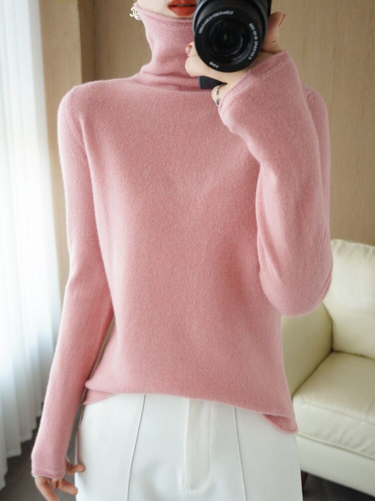Pure Wool Sweater Woman High Neck Pullover Cashmere Sweater