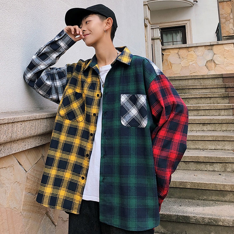 LAPPSTER Oversized Cotton Plaid Shirt  Man Hip Hop Patchwork  Long Sleeve Shirt