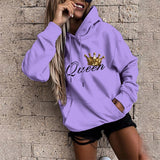 Queen Crown Print Sports Loose Pockets Long Sleeve Hoodie