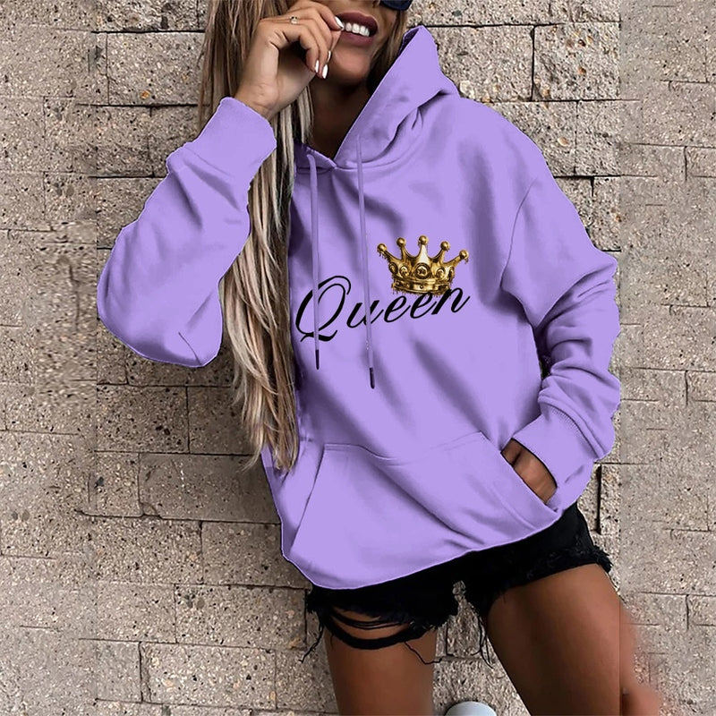 Queen Crown Print Sports Loose Pockets Long Sleeve Hoodie
