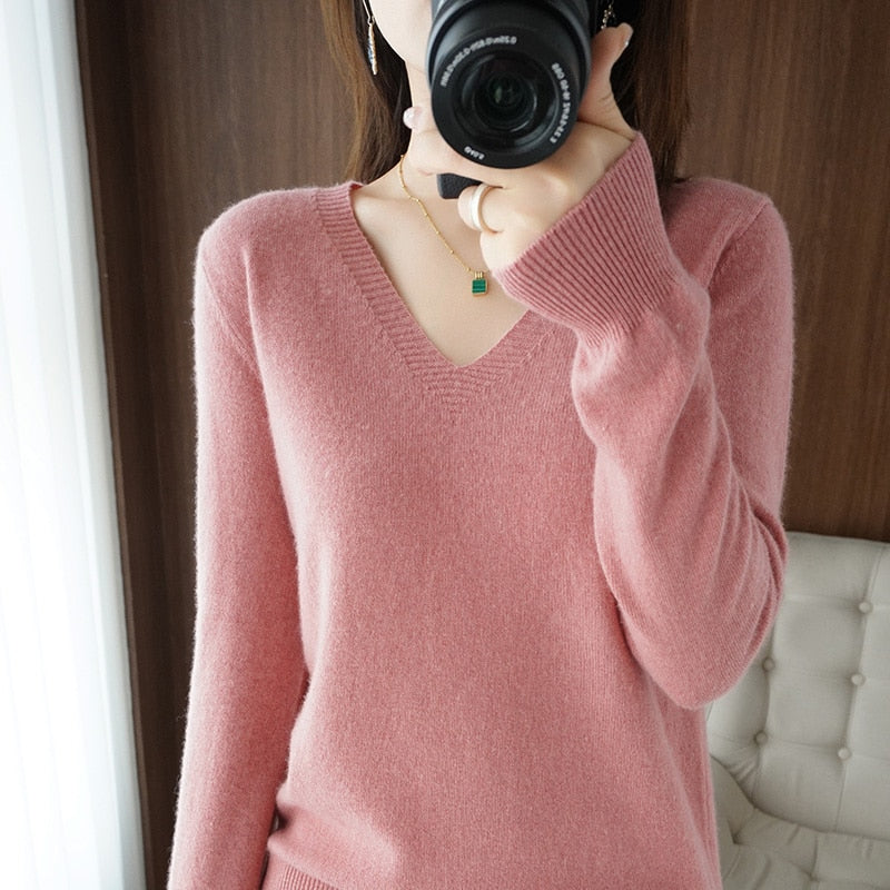 Autumn Winter New cashmere Sweater Woman V-Neck