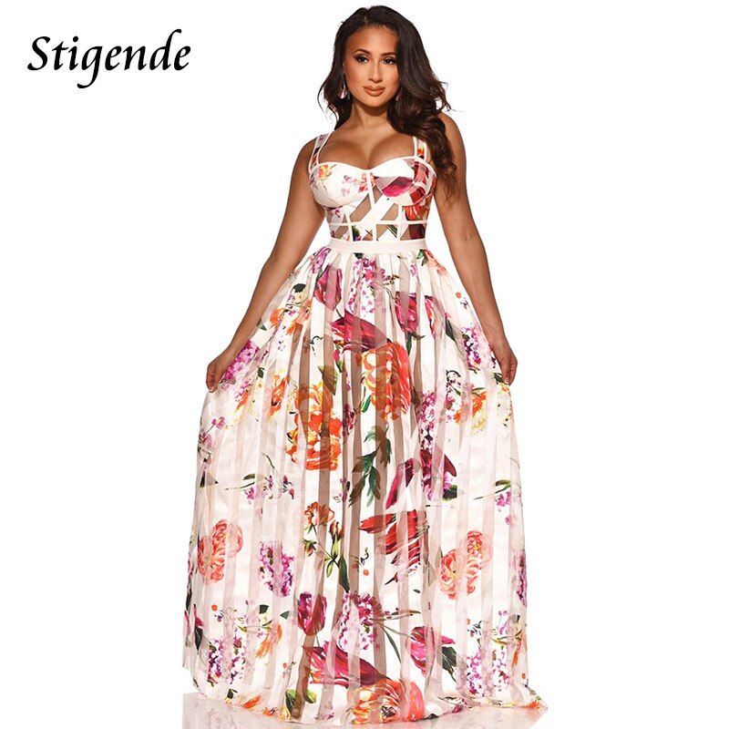 Floral Print Mesh Maxi Swing Dress