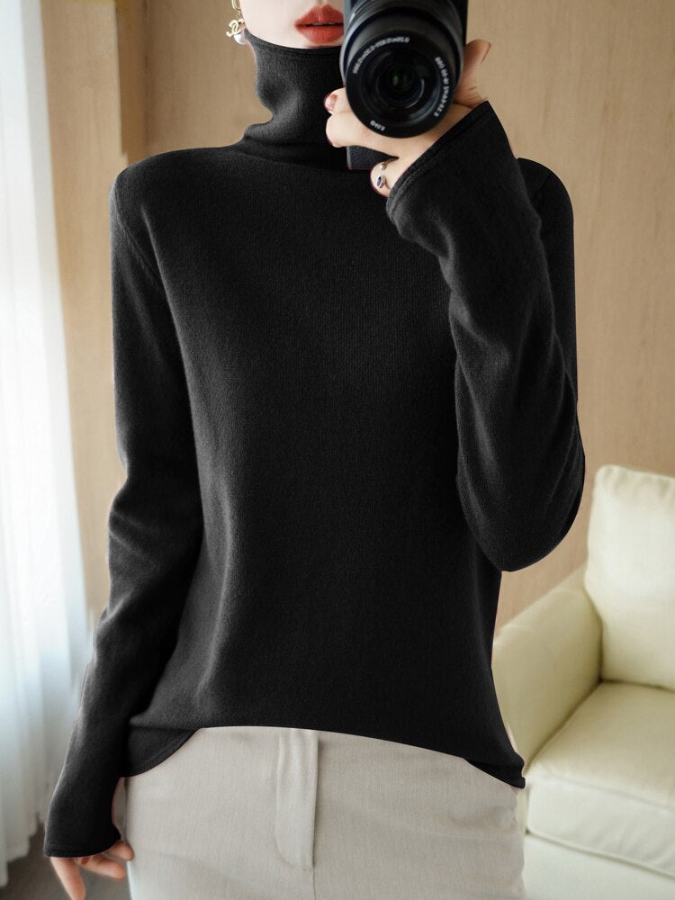 Pure Wool Sweater Woman High Neck Pullover Cashmere Sweater