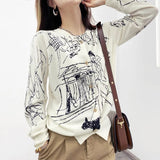 Women Graffiti style Cashmere Cardigan New Arrival O-Neck