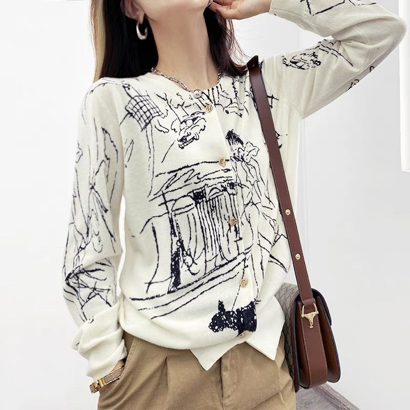 Women Graffiti style Cashmere Cardigan New Arrival O-Neck