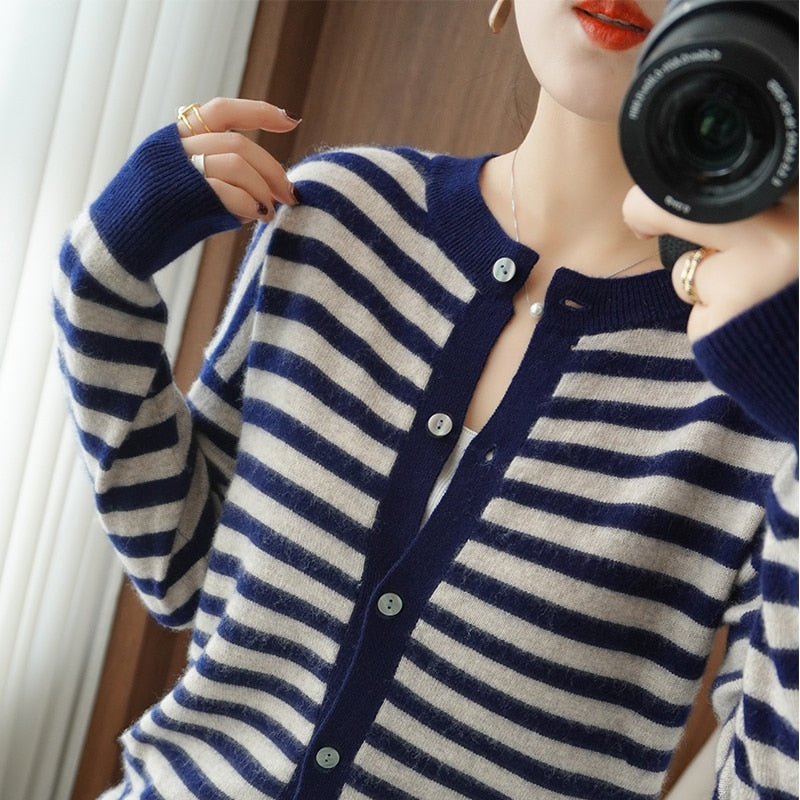 Cashmere Cardigan  100% Pure Wool Sweater  Striped Sweater