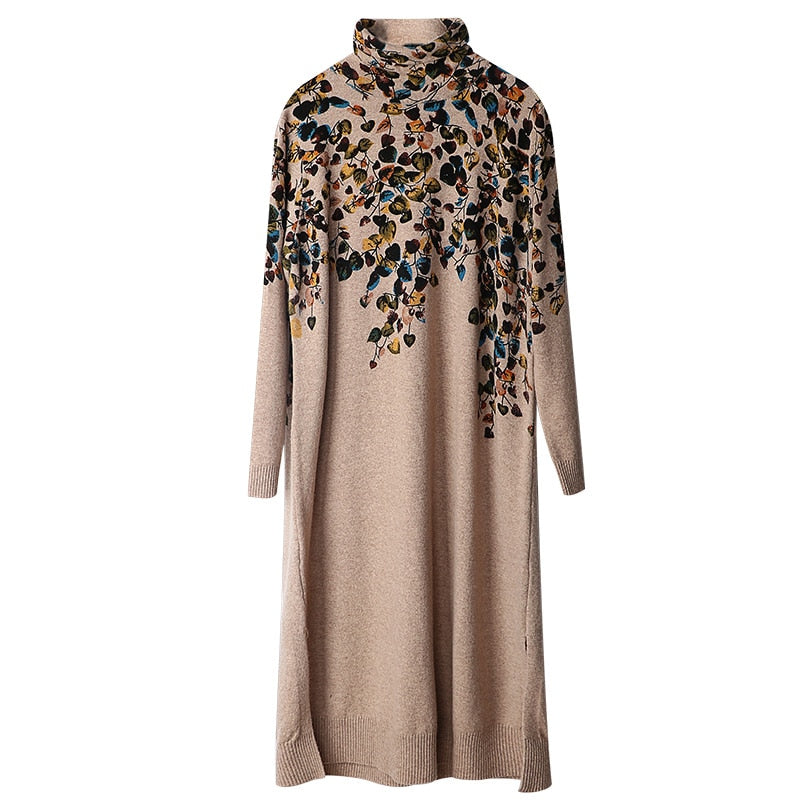 Autumn Chic Print Dress - Cozy Collar & Sleeves