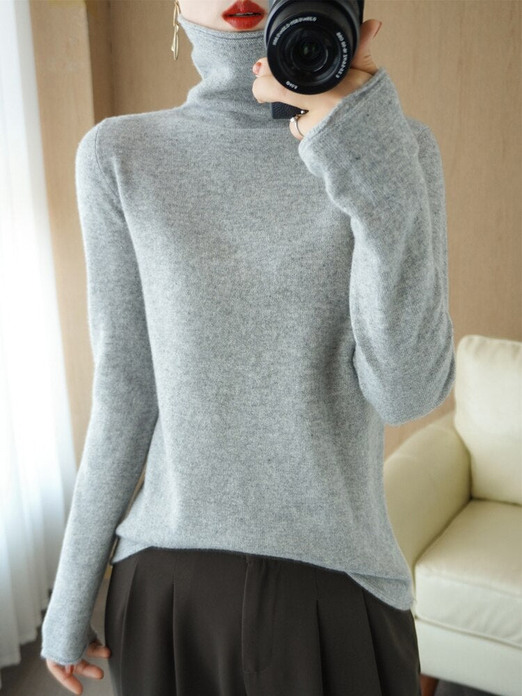 Pure Wool Sweater Woman High Neck Pullover Cashmere Sweater