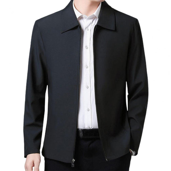 Men Coat Smooth Zipper Lapel Collar Solid Color Middle-aged Men Casual Jackets